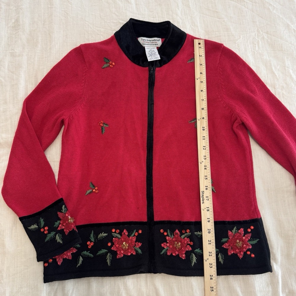 VTG Tiara International Women's Large‎ Red Christmas Sweater Holiday Poinsettia - Picture 2 of 4